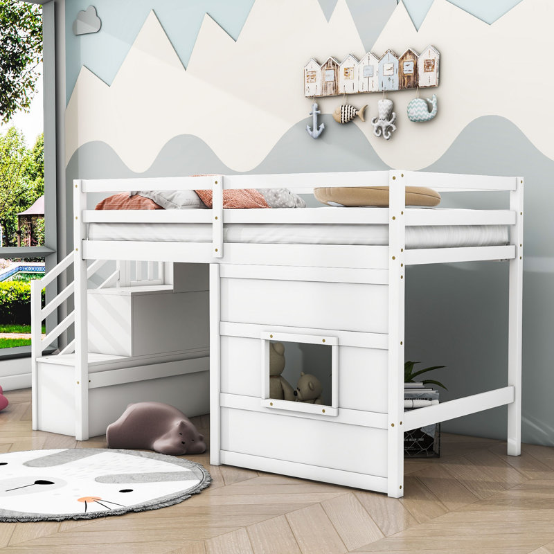 Jadi Twin Wooden Loft Bed with Staircase, White