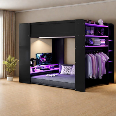 Lit mezzanine avec rangement, panneau de fibres à densité moyenne en bois moderne pour la chambre à coucher