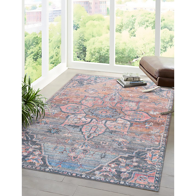 Tapis oriental rose / bleu Gwin, Rectangle 10 pi 6 po x 13 pi 1 po