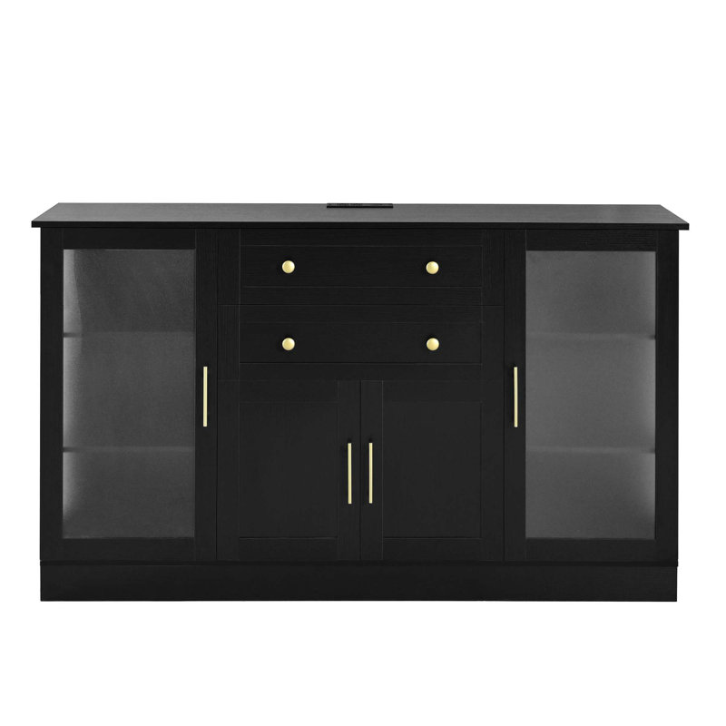 Buffet moderne 58,3 po avec 4 portes et 2 tiroirs, tablettes réglables, prise de courant, panneaux en acrylique, poignées en alliage d'aluminium
