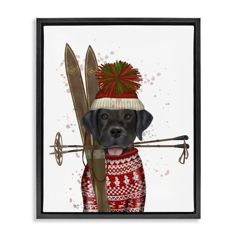 «Black Labrador Skiing» par Fab Funky, H 31 po x l 25 po, Cadre flottant noir de jais