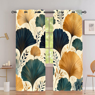 2PCS Grommet Top Blackout Window Curtains, Artistic Ginkgo Leaf Nature Inspired Printed Drapes, Thermal Insulated, Noise Reducing, Privacy Protection, Room Darkening Window Drapes for Living Bedroom Dining Home Decor