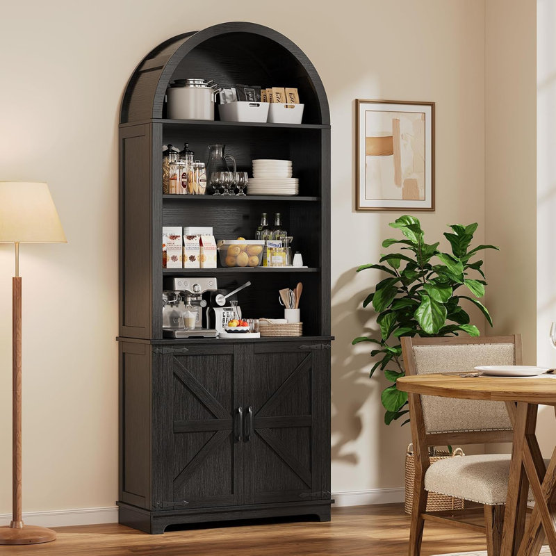 70'' Arched Bookcase With Doors,  6-Tier Farmhouse Bookshelf, Black