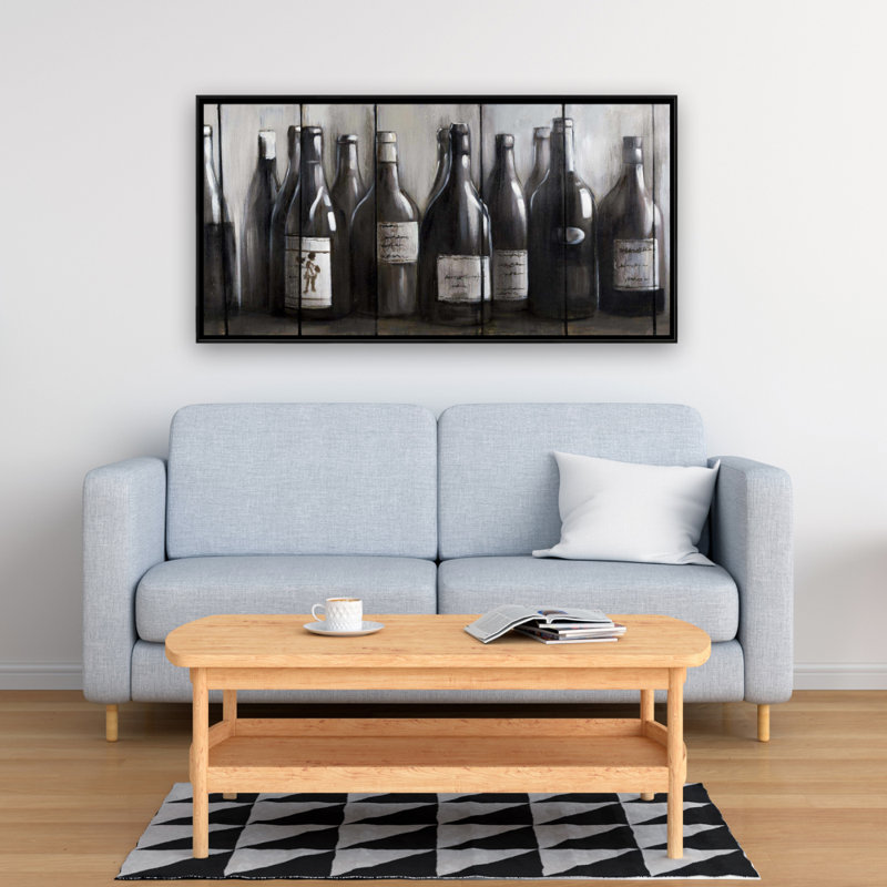 Bouteilles de vin sur bois - objet moderne, décoration sur toile encadrée