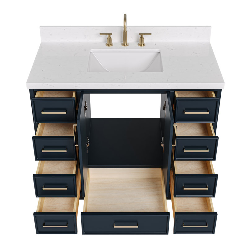 42.25'' Single Bathroom Vanity with Carrara Quartz Top, Satin Brass, Midnight Blue