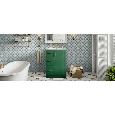 Meuble-lavabo de 24 po avec lavabo, 2 tiroirs et porte à fermeture douce: quincaillerie à rayures verticales élégante pour un fonctionnement en douceur