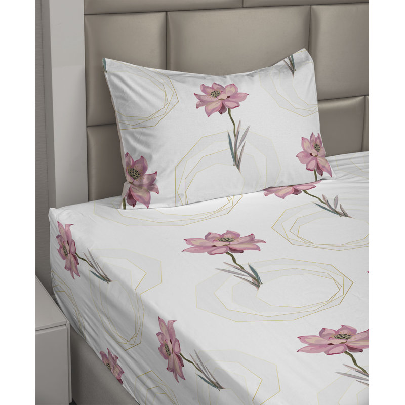 Ambesonne Watercolor Botany Sheet Set 4 Pcs Retro Boho Bloom, Twin Sheet Set with 1 Pillowcase, Ivory Pale Pink Floral