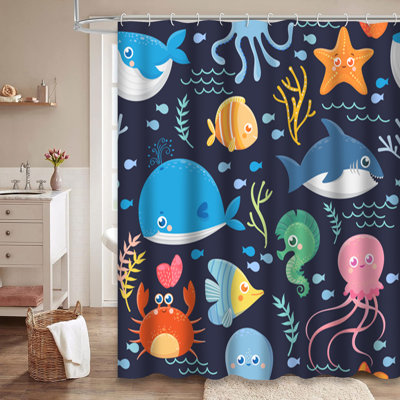 Funny Cartoon Sea Animals Shark Shower Curtain with 12 Hooks