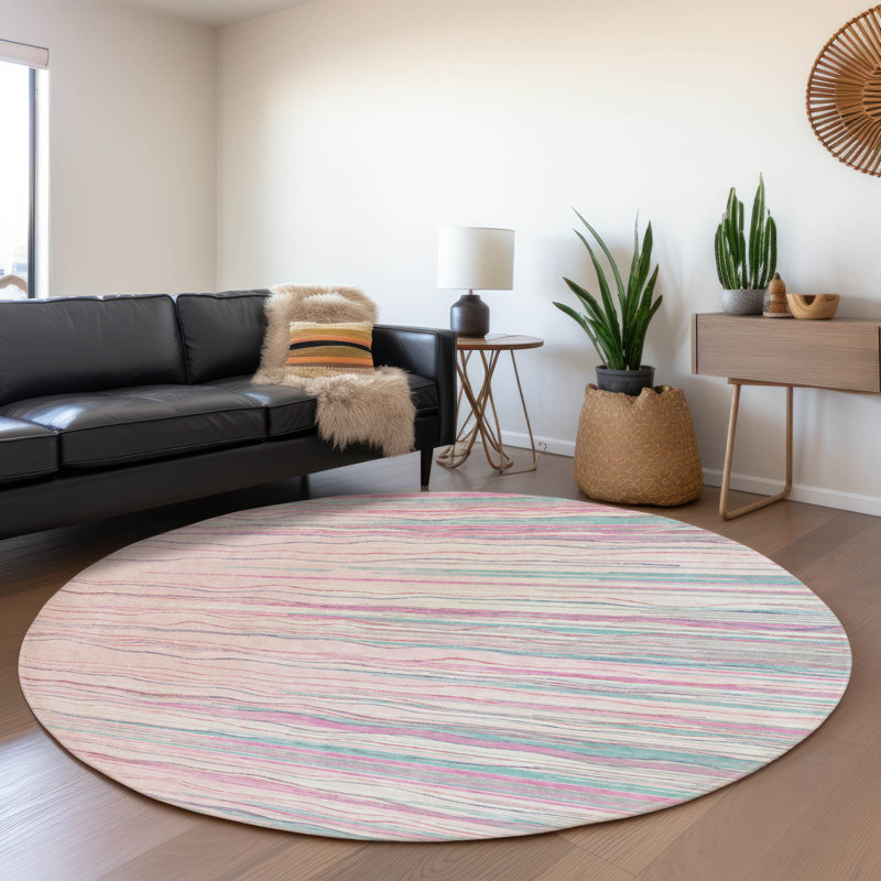 Premium Machine Washable Lyndhurst AMF996 Stripes Rug, Round 8'