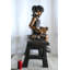 Sculpture statue bronze sur banc avec chiot 37 po x 15 po x H 40 po