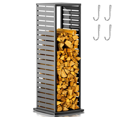 Support à bois de chauffage à persiennes parallèles de 4 pi avec conception découpée au laser linéaire, support à bûches en acier robuste de 300 lb et tablette décorative supérieure