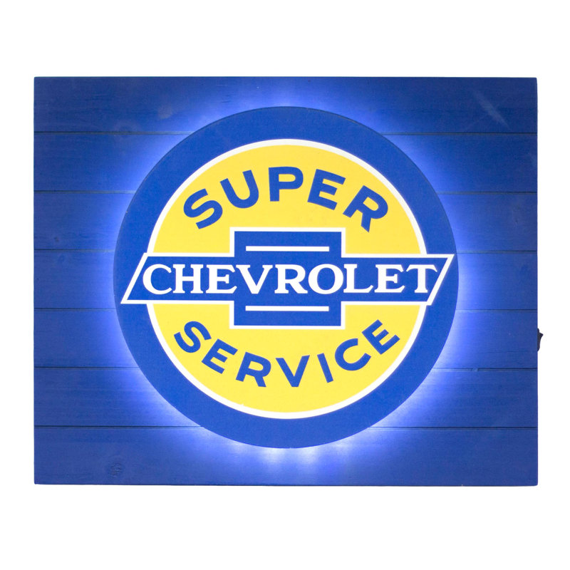 Vintage Chevrolet Super Service Blue and Yellow Metal LED Sign