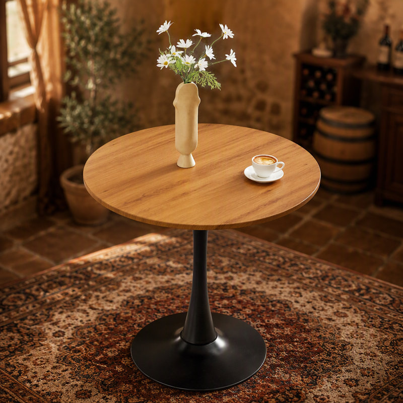 Round Mid Century Modern Dining Table with Durable Faux Wood Top and Sturdy Metal Pedestal Base