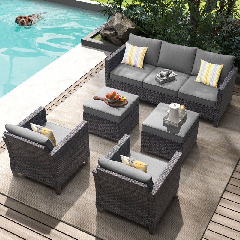 GRST Wicker 7 - Person Patio Conversation Set with Cushions, Dark Gray