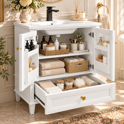 27.8" Mid-Century Bathroom Vanity with Ceramic Sink, Reinforced Solid Wood Legs, Drawer & Adjustable Hidden Shelves, Freestanding Modern Vanity Set