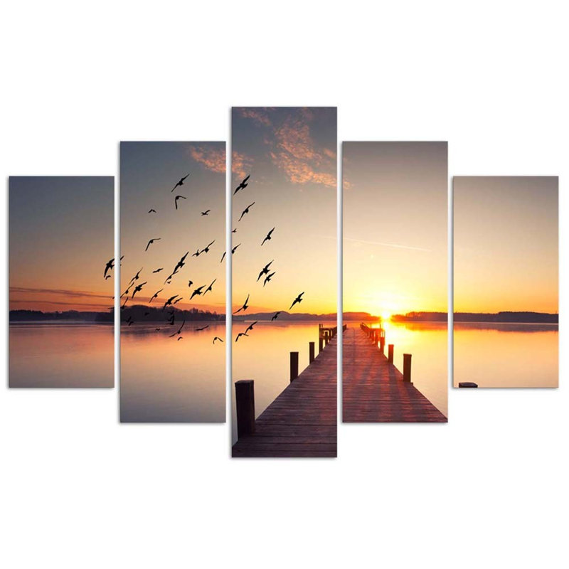Jetty Birds At Sunset - 5 Piece No Frame Print on Canvas, 100cm H x 200cm W