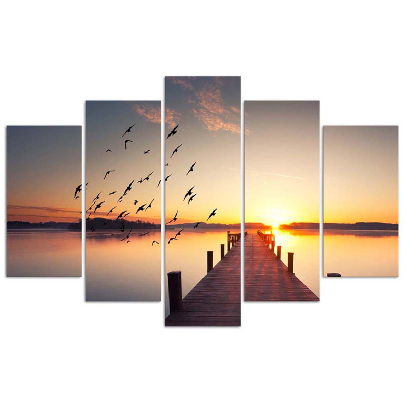 Jetty Birds At Sunset - 5 Piece Wrapped Canvas Set