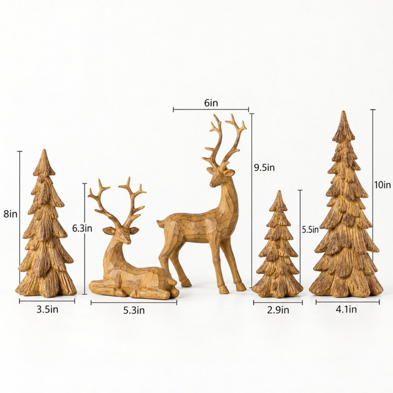 Ensemble de 5 décorations de Noël en résine imitation bois : rennes et sapin
