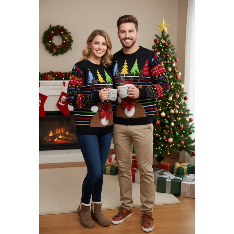 Fun Christmas Light Up Reindeer Stripes Jumper, Medium