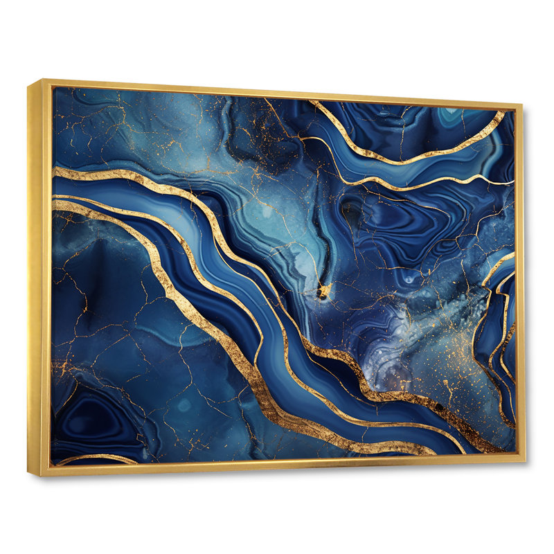Bleu et or abstrait marbre mirage III - décoration murale en marbre, Cadre flottant doré, H 34 po x l 44 po x P 1,5 po