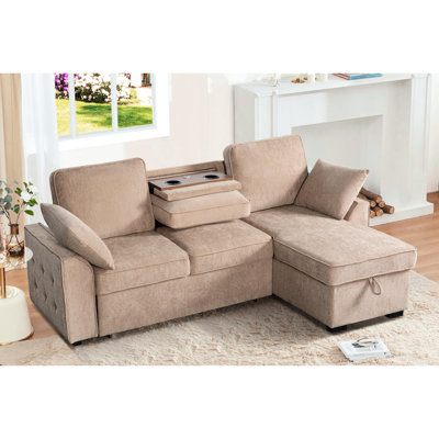 Canapé modulaire à 3 places avec plateau amovible, porte-gobelets et rangement dissimulé, méridienne convertible en chenille rembourrée de mousse brune, porte-plateaux, revêtement