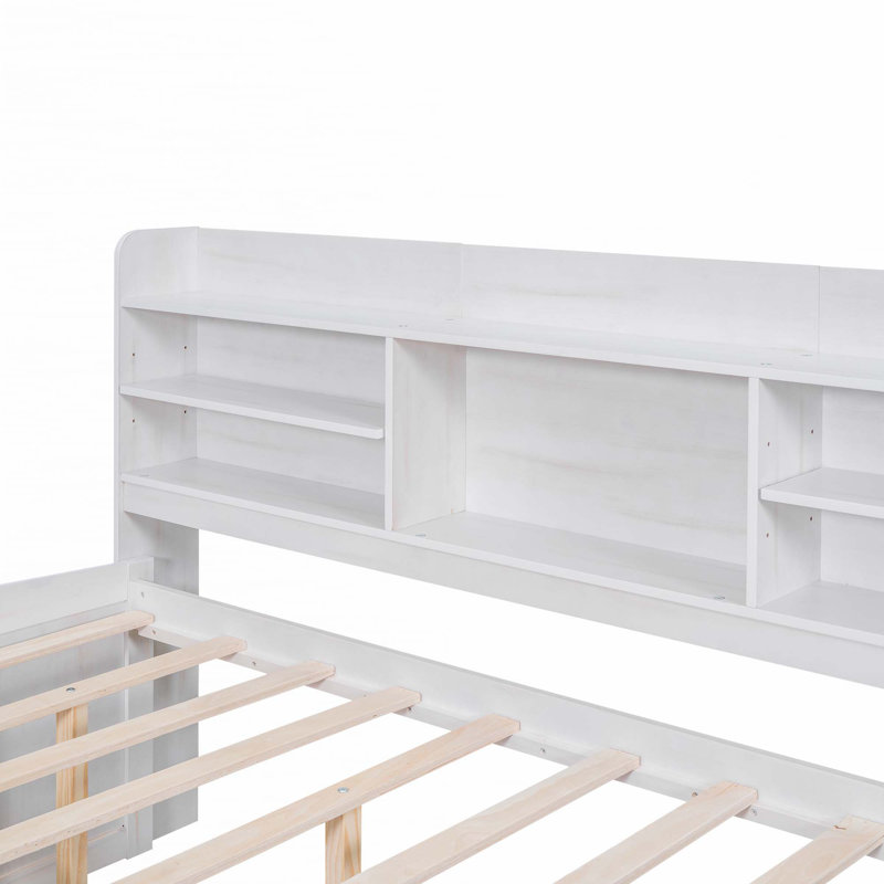 Wooden Captain Daybed Bed with Built-in Bookshelves, Full/Double, White