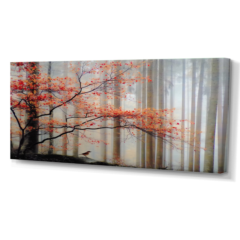Forêt d'automne matin rosée au Québec - forêt, décoration murale, art mural rouge encadré, H 28 po x l 60 po, Toile tendue