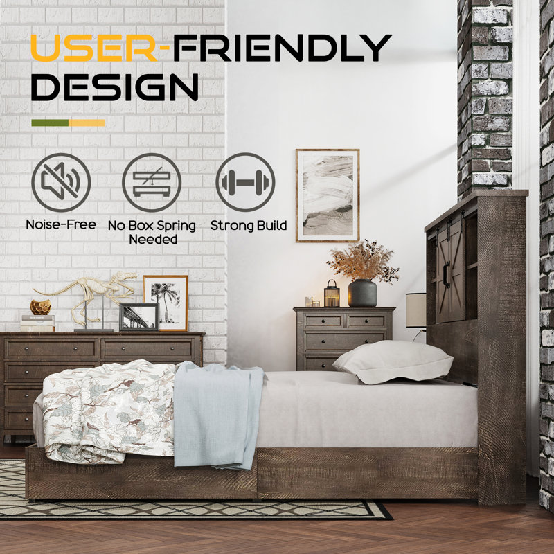 Full Size Brown Wood Platform Bed with Bookcase Headboard and Drawers