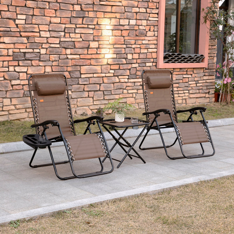 Brown Zero Gravity Chair Set With Side Table, Folding Reclining Chair With Cupholders & Pillows Adjustable Lounge Chair For Pool Backyard Lawn Beach