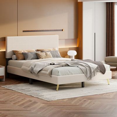 Contemporary Bed Frame-Queen Size Corduroy Upholstered Bed Frame, Platform Bed With Horizontal Stripe Headboard, No Box Spring Needed -  Everly Quinn, E39E4B2CEB8B45D9A852E052DD0CE326