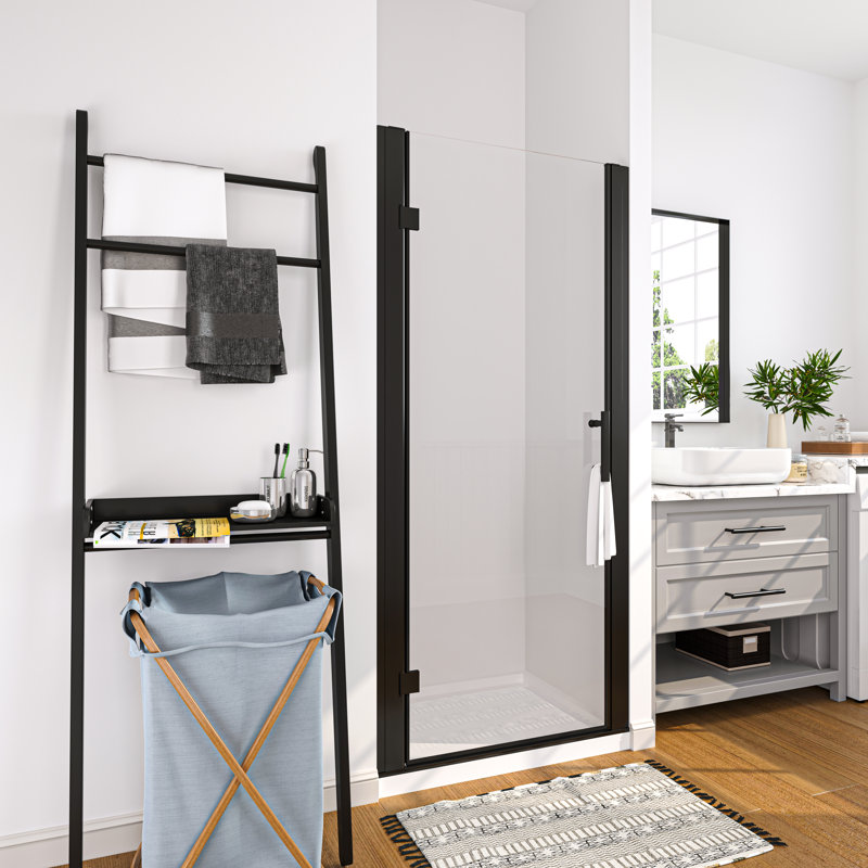Porte de douche à charnière sans cadre avec verre transparent au fini noir mat l 34 po x H 72 po