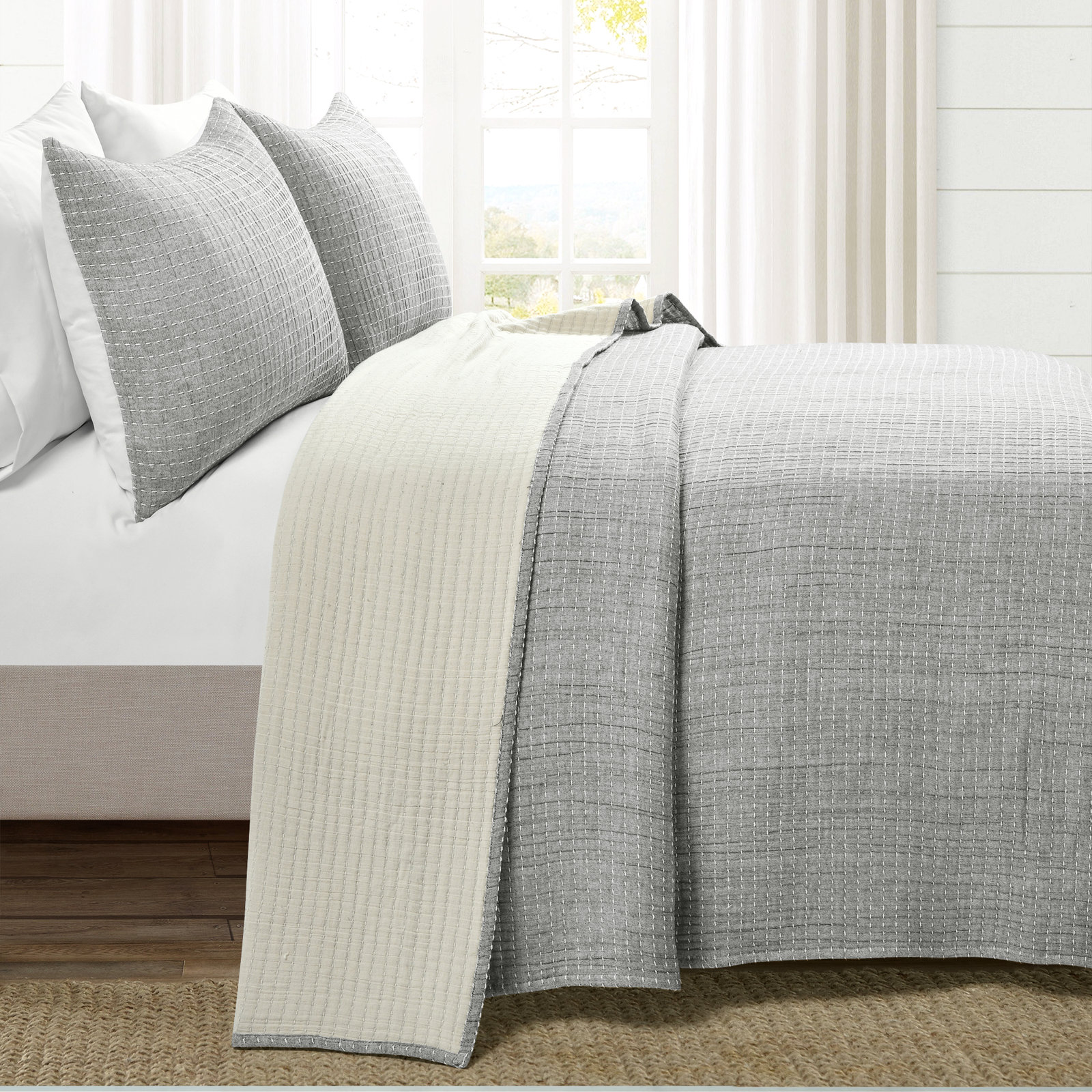 Cotton Quilt Set, Queen Quilt + 2 Shams, Gray