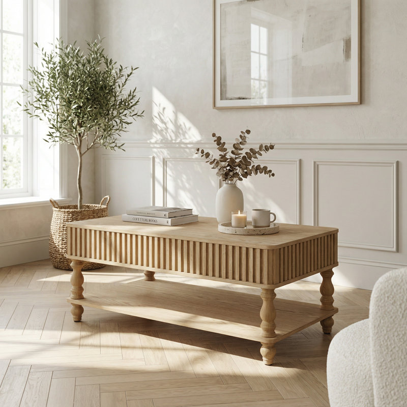 Table basse à plateau relevable avec détails cannelés et pieds romains massifs, ensemble central multifonctionnel en bois massif sans outil pour la décoration de salon et d'appartement