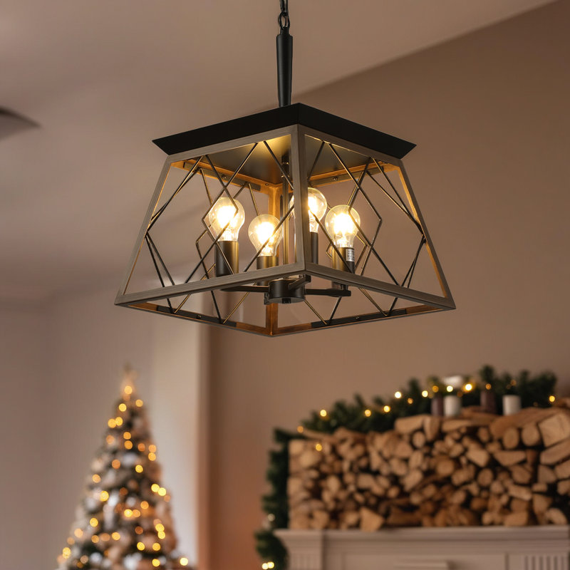Luminaire suspendu style lustre 4 lumières de style campagnard en acier rustique pour salle à manger et cuisine, Brun
