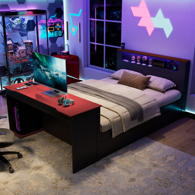 Wood Daybed With Trundle,Desk,LED Light And USB, Full, Black/Red