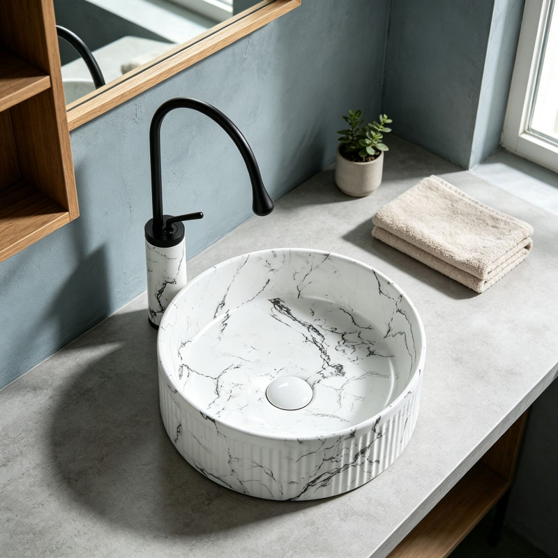Lavabo de salle de bain vasque ronde en céramique noire avec robinet 14,57 pouces Topcraft