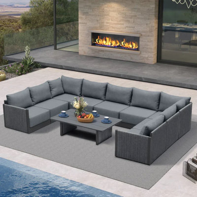 10 Pieces Patio Conversation Sets with Coffee Table, All Weather U-shaped Outdoor Couch Sectional Set with Cushion Patio Conversation Set Gray