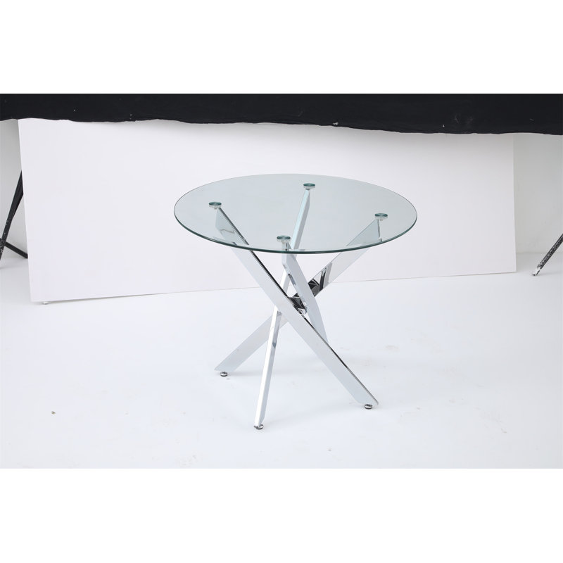 Le plateau de table circulaire moderne en verre trempé est jumelé à un cadre en fer argenté, Clear/Silver