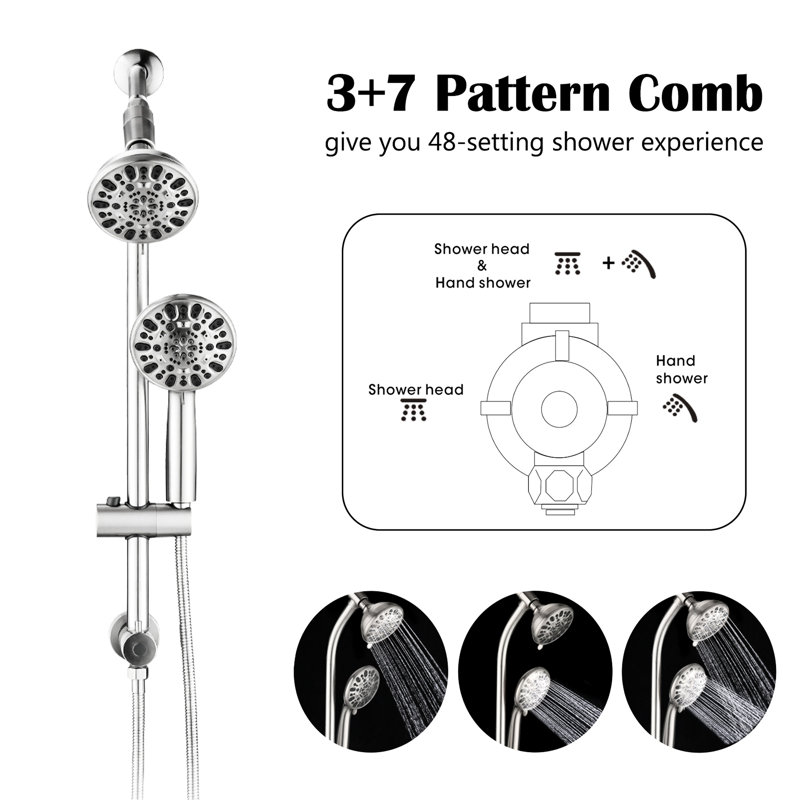 Ensemble de douche double contemporain avec 7 jets, douchette à main de 12,7 cm et pommeau de douche de tête, fonction pause pour économiser l'eau, barre de réglage en hauteur de 66 cm, finition, ensemble de douche complet, options de douche, fixe, caractéristique.