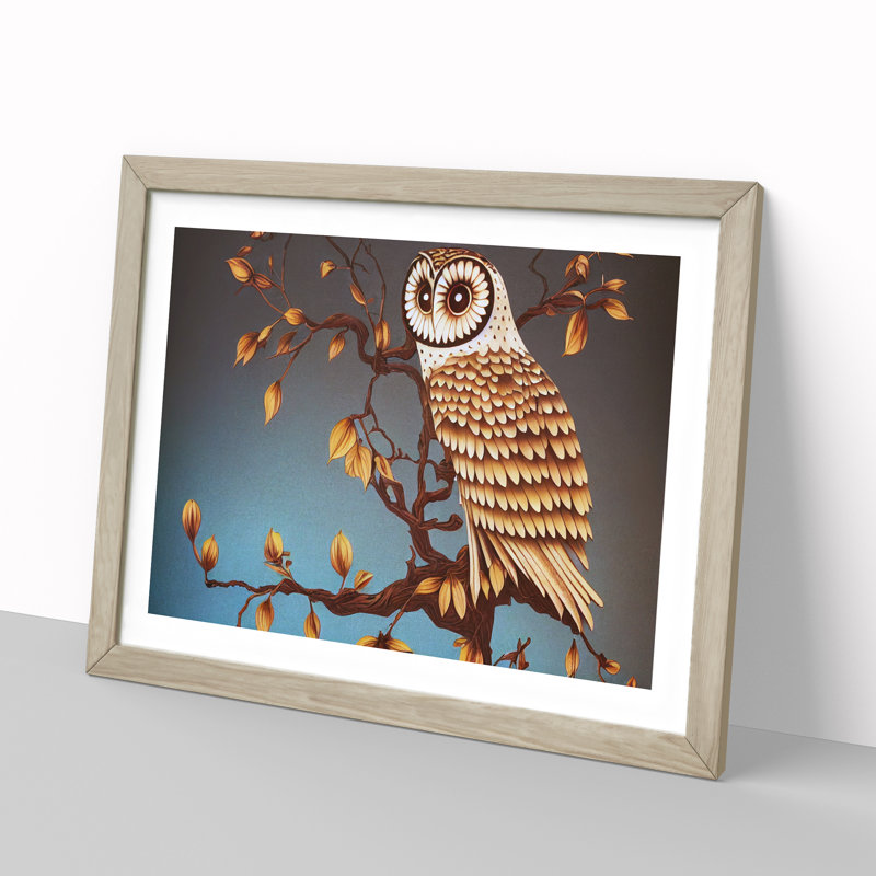 Owl Deco Style - Framed Print, 25cm H x 34cm W x 2cm D, Oak