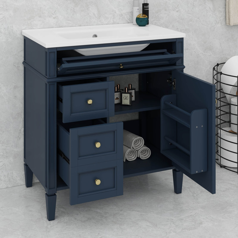 Meuble-lavabo moderne 30 po avec lavabo supérieur, 2 tiroirs et tiroir basculant, Bleu, Doré