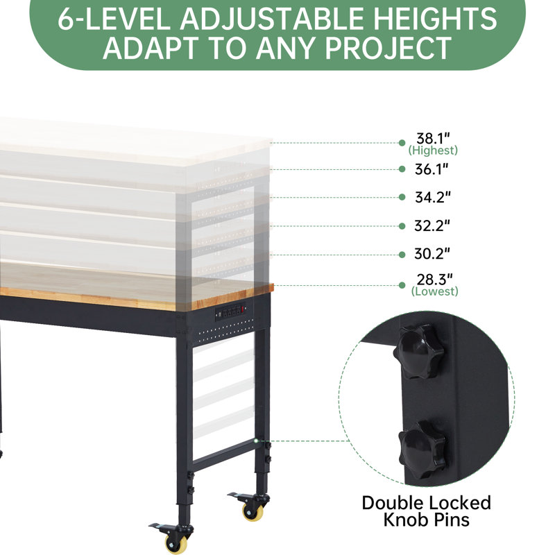 Table roulante réglable de 122 x 61 cm (48 x 24 pouces), capacité de charge de 907 kg (2 000 lb), hauteur réglable de 70,6 à 100,3 cm (27,8 à 39,5 pouces), plateau en bois d'hévéa avec prises électriques pour garage