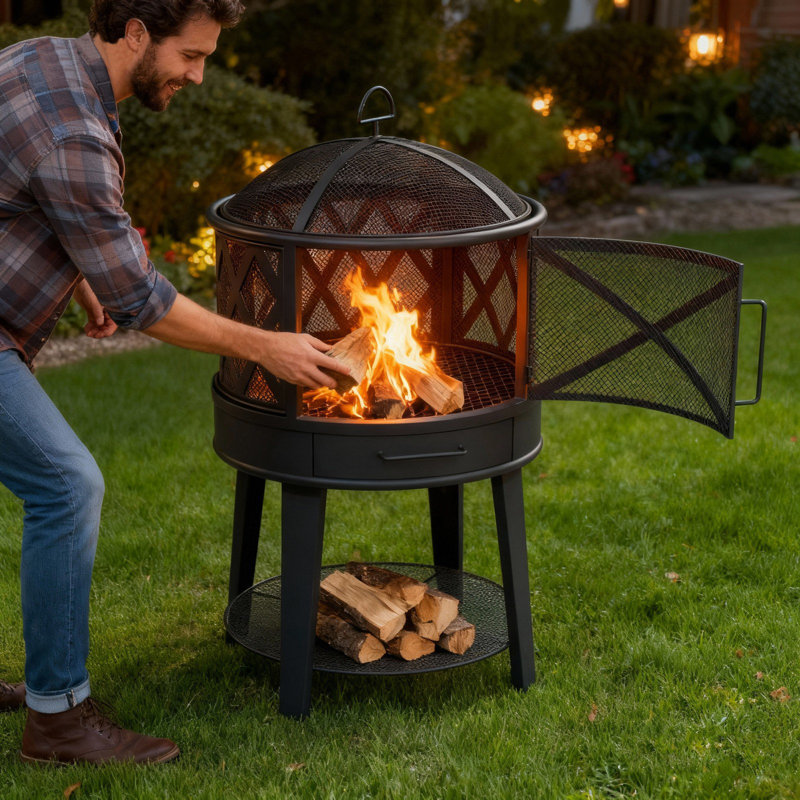 Mini foyer d'extérieur au bois 18 pouces avec tisonnier et barbecue rond, noir