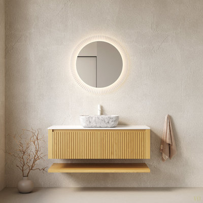 Meuble-lavabo de salle de bain 48 po Hizon, armoire de rangement flottante en contreplaqué avec tiroirs et tablette ouverte, vasque en céramique à motif marbré et plateau en pierre frittée, préassemblée
