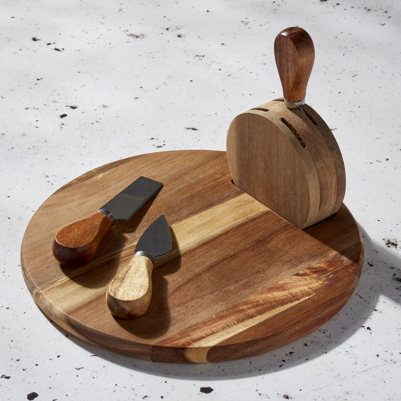 Tabletops Gallery Tabletops Gallery Acacia Wood 5-piece Round Serving Board Set with Cheese Knives and Holding Block