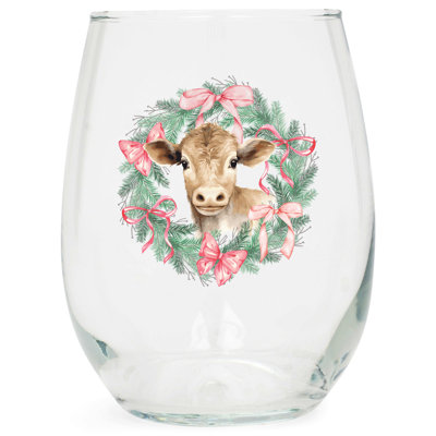 Wine Glass Highland Cow Wreath 15 Oz
