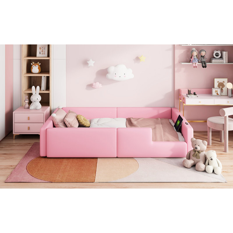 Upholstered Twin Pink Bed With Guardrail And Charging Function - Frame, Comfortable For Bedtime Relaxation Platform Type C Soft Support, Long Lasting Quality
