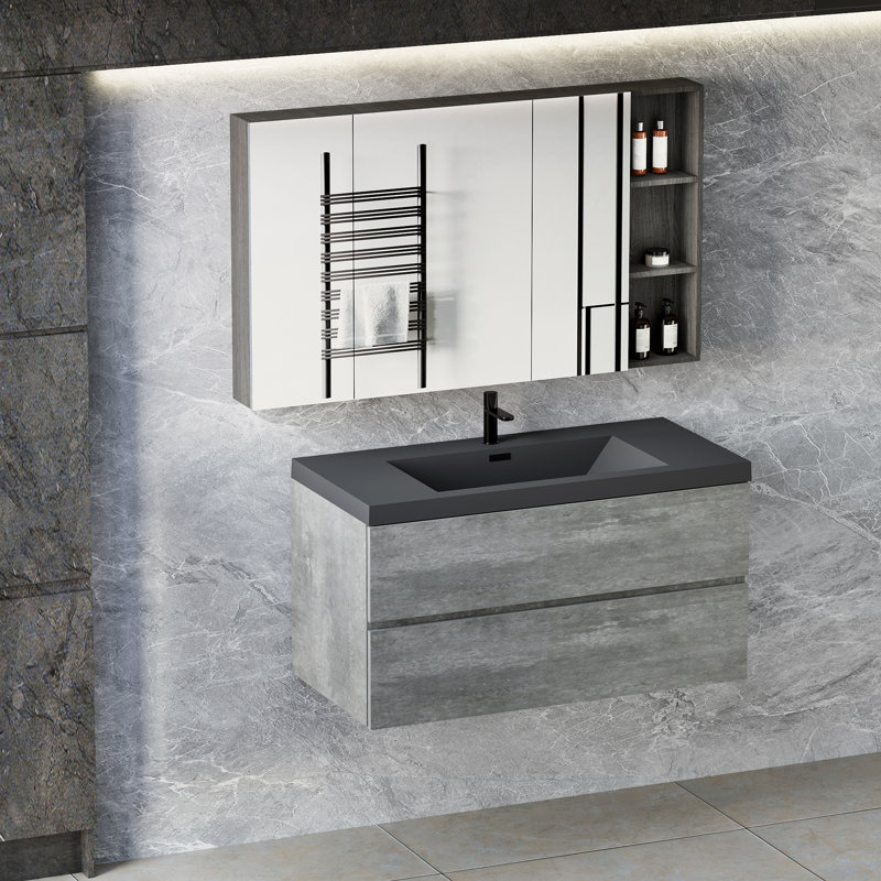 42" Gray and Black Quartz Floating Bathroom Vanity with Sink