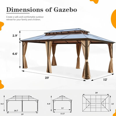  EROMMY 20 ft. W x 12 ft. D Hardtop Aluminum Gazebo, Permanent Pavilion with Curtains and Netting, Outdoor Double Roof Canopy, Designed for Garden, Lawns, Patio