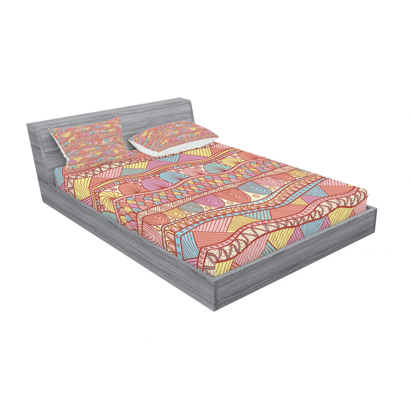 Ensemble de draps ikat dessiné à la main tourbillons, Ensemble de drap pour grand lit avec drap-housse